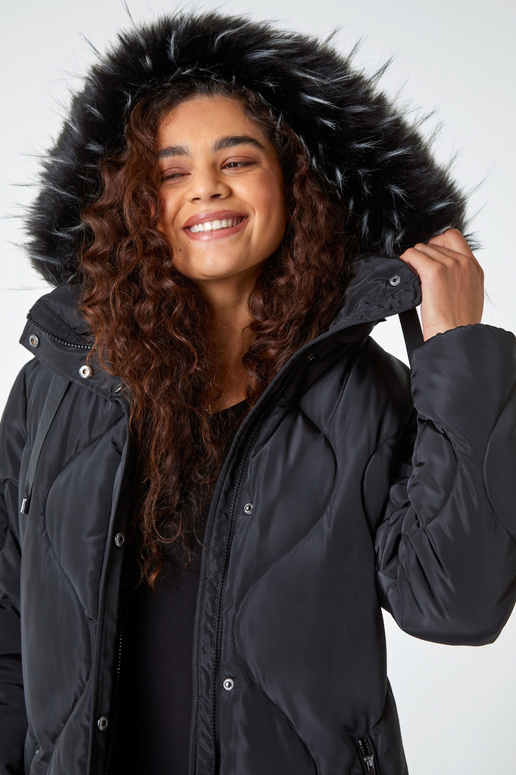 Buy Roman Black Quilted Faux Fur Hooded Coat from the Next UK