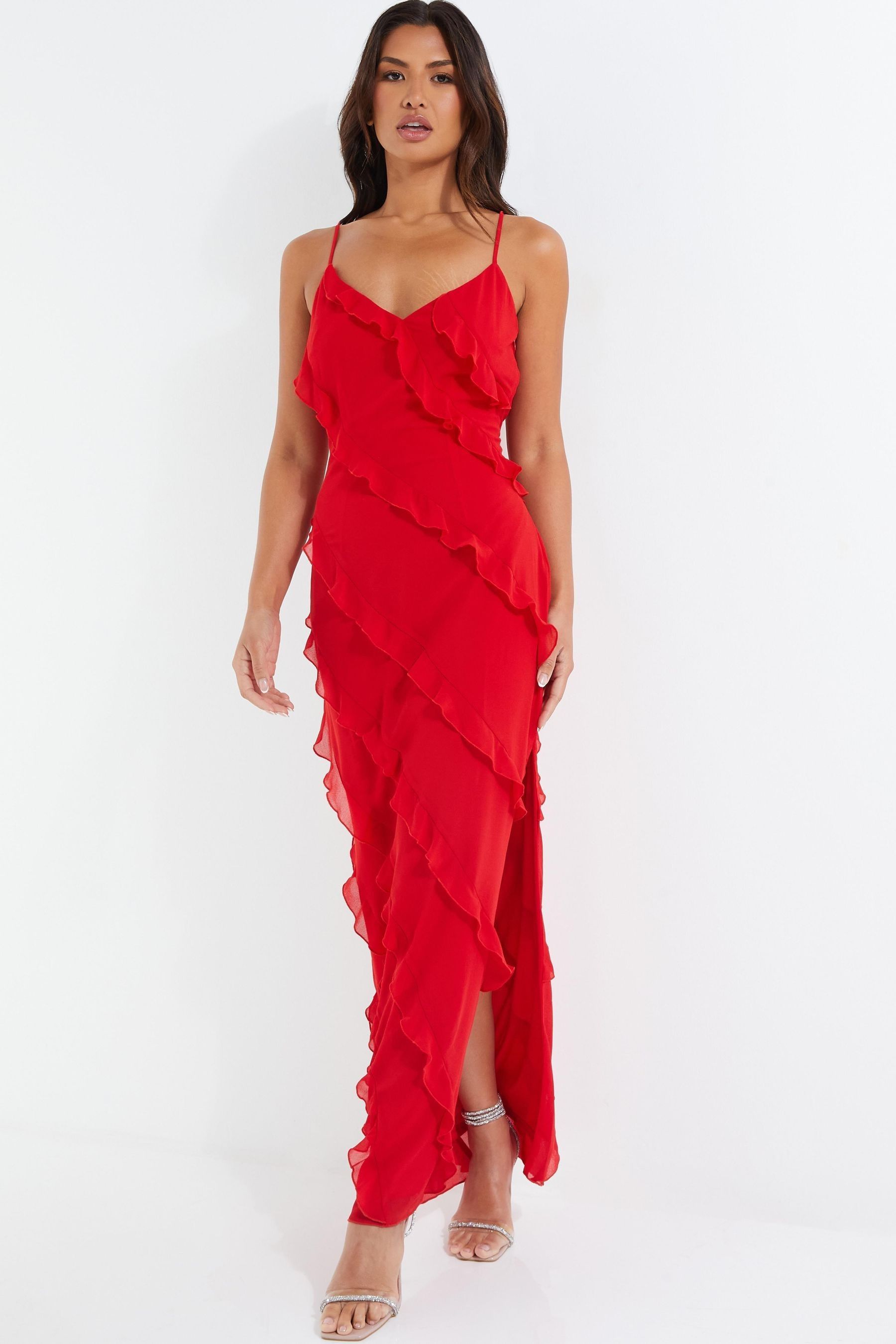 Buy Quiz Red Ruffle Chiffon Maxi Dress from the Next UK online shop
