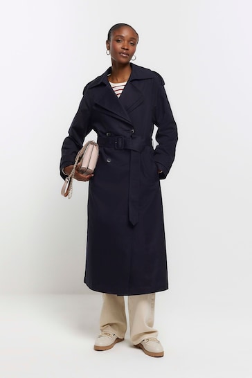 River Island Blue Double Collar Belted Trench Coat