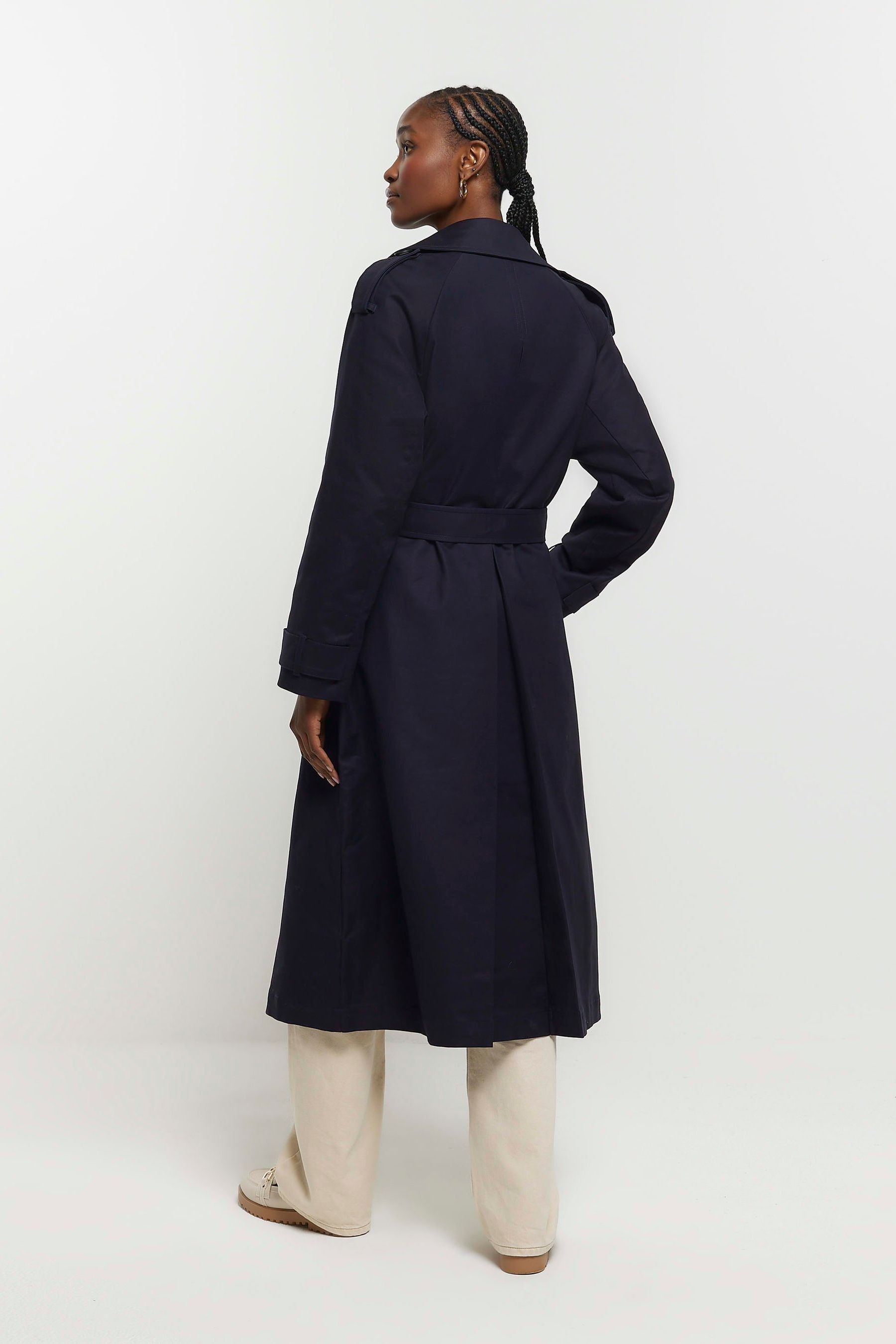 River Island Blue Double Collar Belted Trench Coat