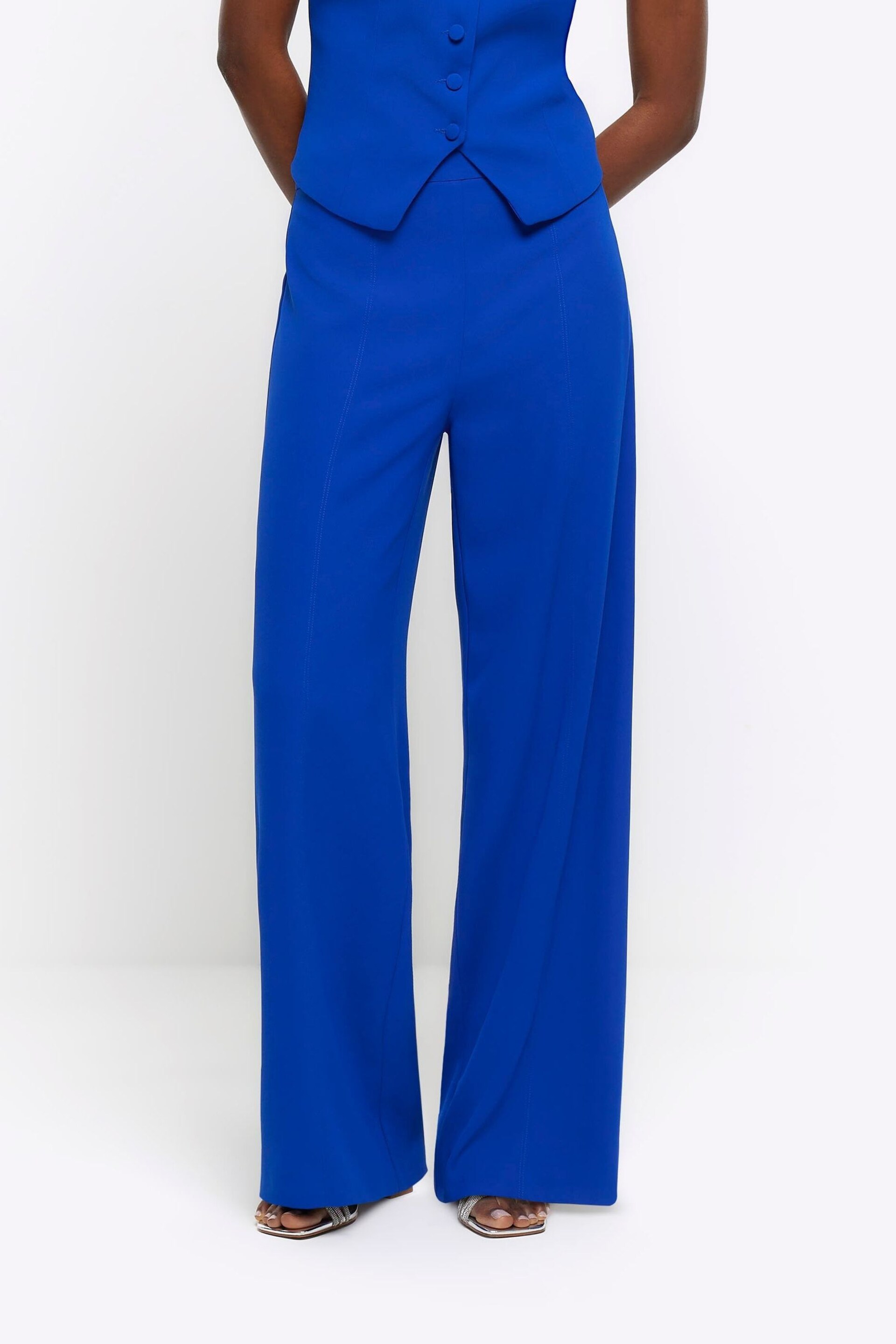 River Island Blue Triple Pleat Wide Leg Trousers - Image 3 of 5