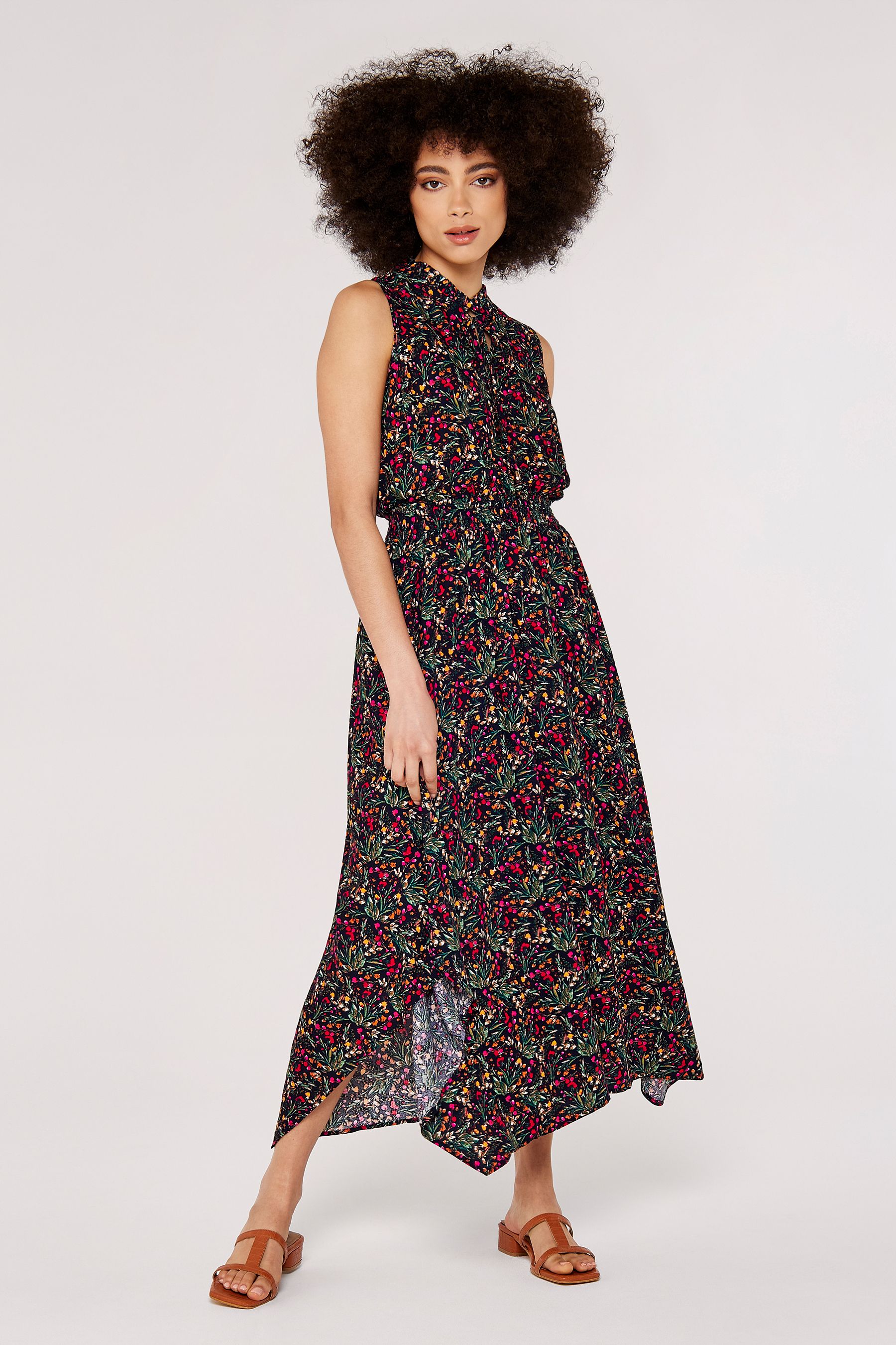 Buy Apricot Black Pink Multi Floral Hanky Hem Midi Dress from the Next UK online shop