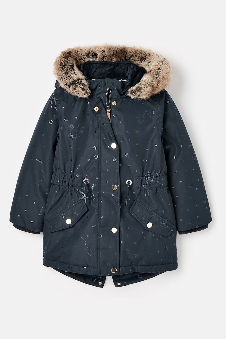 Joules Girls' Alix Navy Blue Printed Waterproof Parka Coat - Image 1 of 6