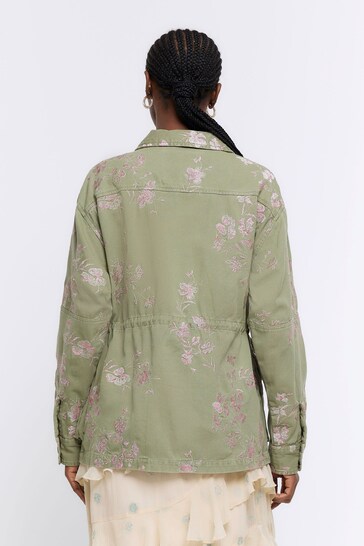 River Island Green Floral Pocketed Utility Shacket