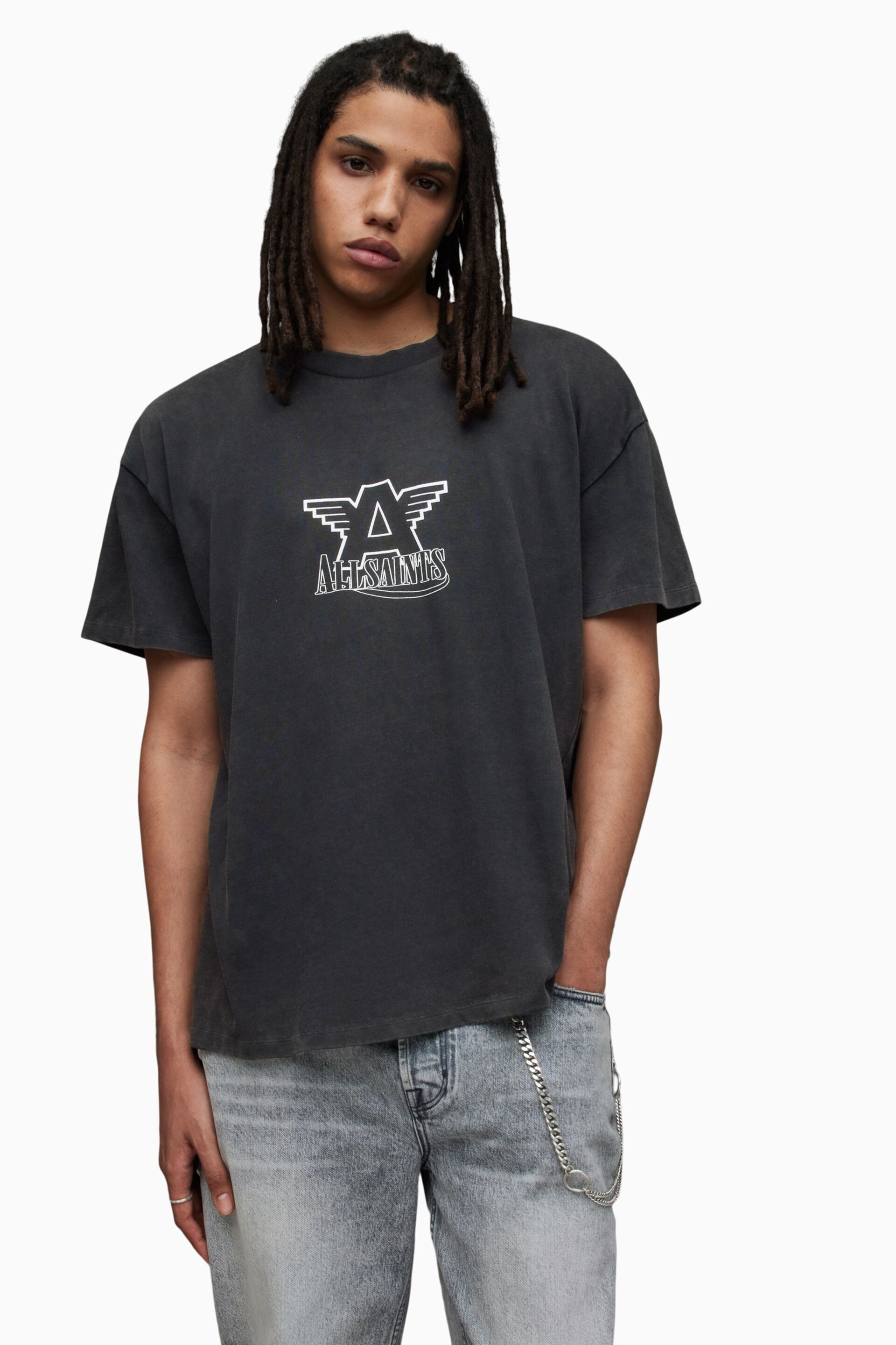 AllSaints Black Match Crew T-Shirt - Image 1 of 6