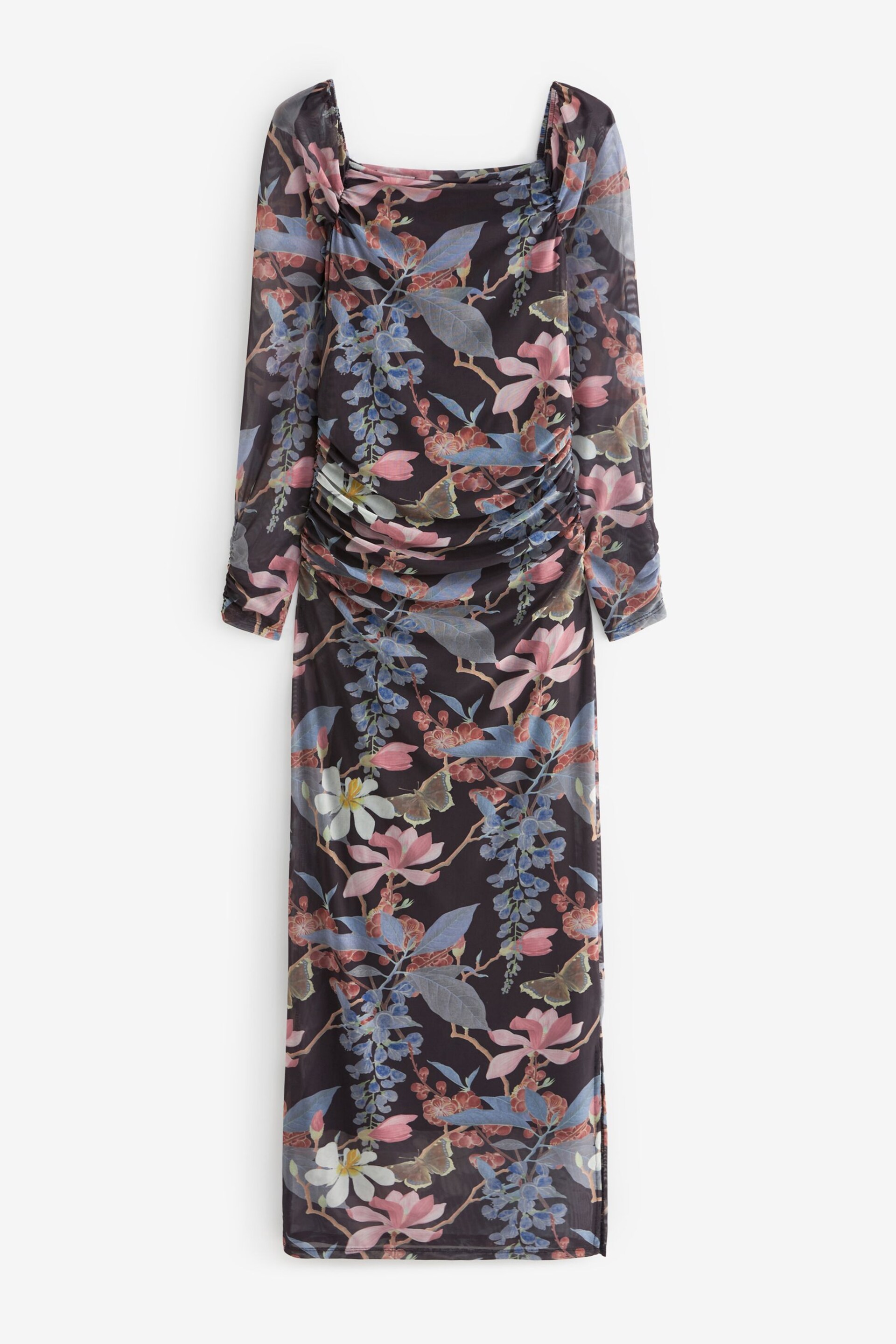 Navy Floral Kew Collection Square Neck Long Sleeve Mesh Dress - Image 6 of 7