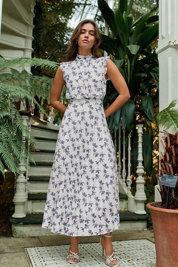 White and Navy Floral Kew Collection Mesh Pleated Ruffle Dress