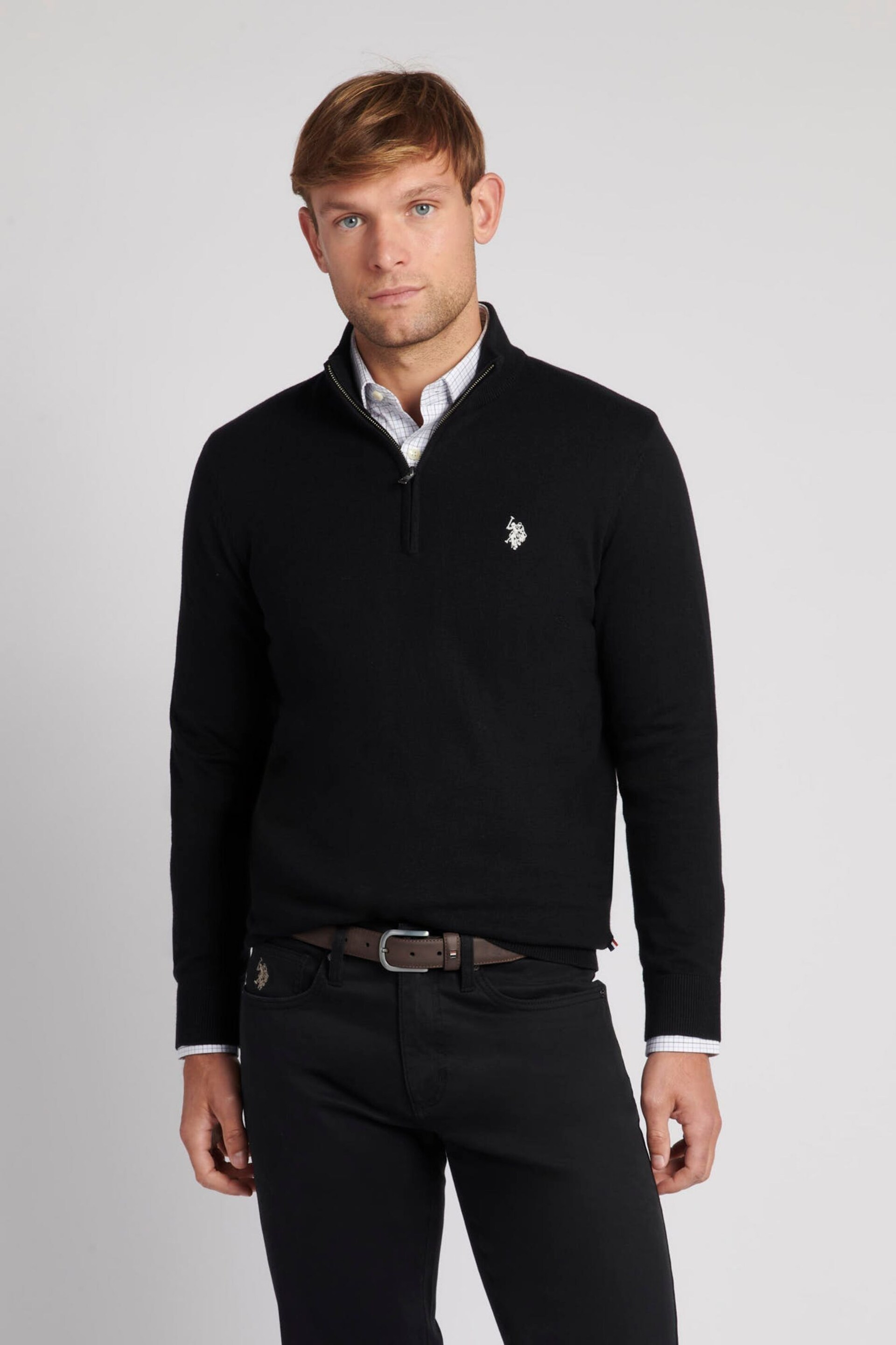 U.S. Polo Assn. Mens Grey Funnel Neck Quarter Zip Knit Sweatshirt - Image 1 of 8