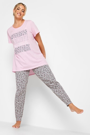 Yours Curve Pink Believe In Yourself Animal Cuffed Pyjama Set