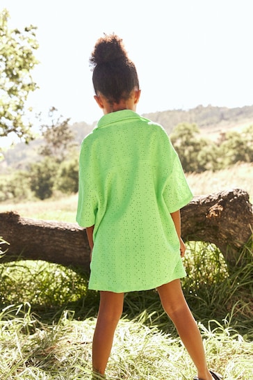Lime Green Textured Shirt And Shorts Set (3-16yrs)