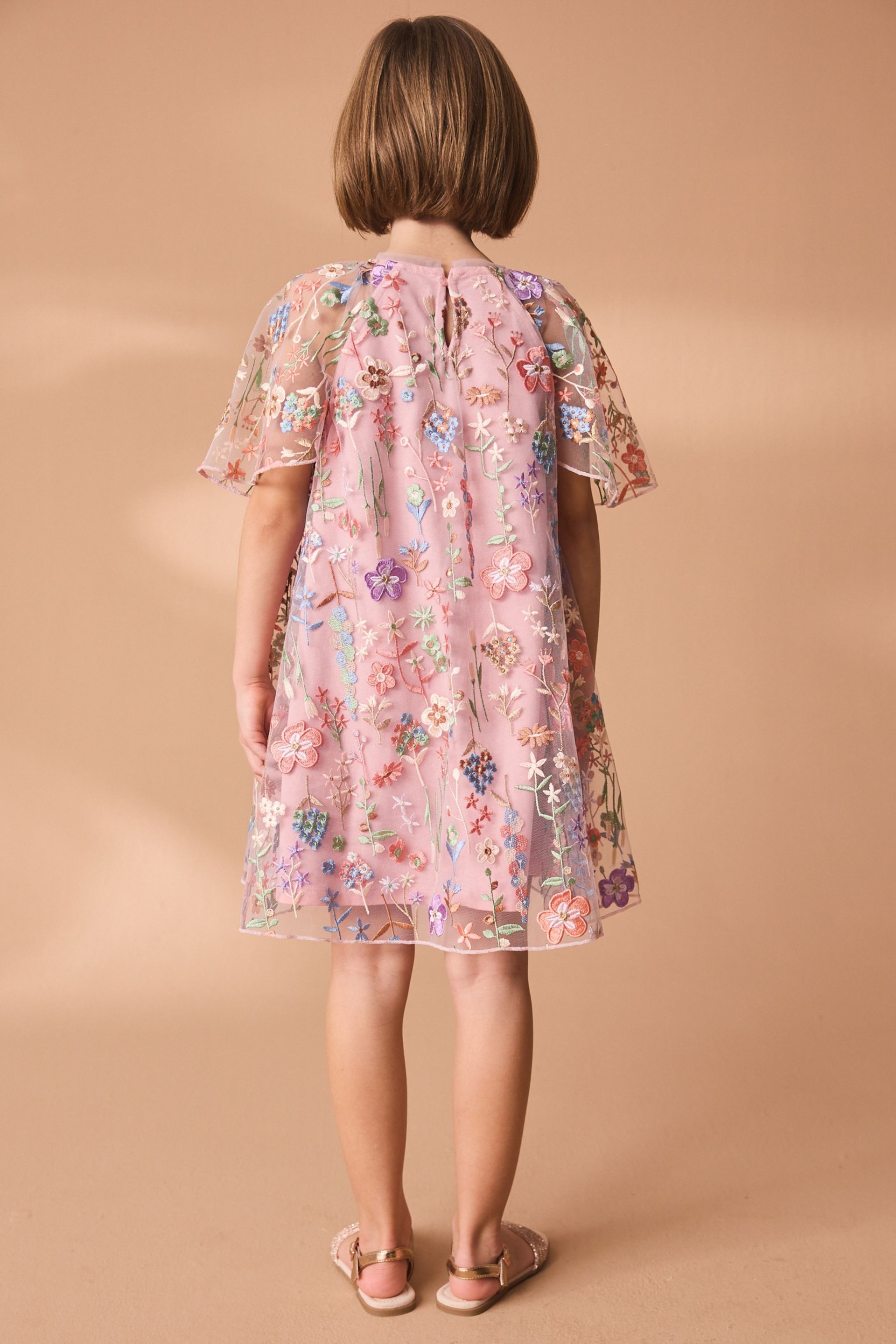 Pink Floral Embroidered Mesh Occasion Dress (3-16yrs) - Image 3 of 7
