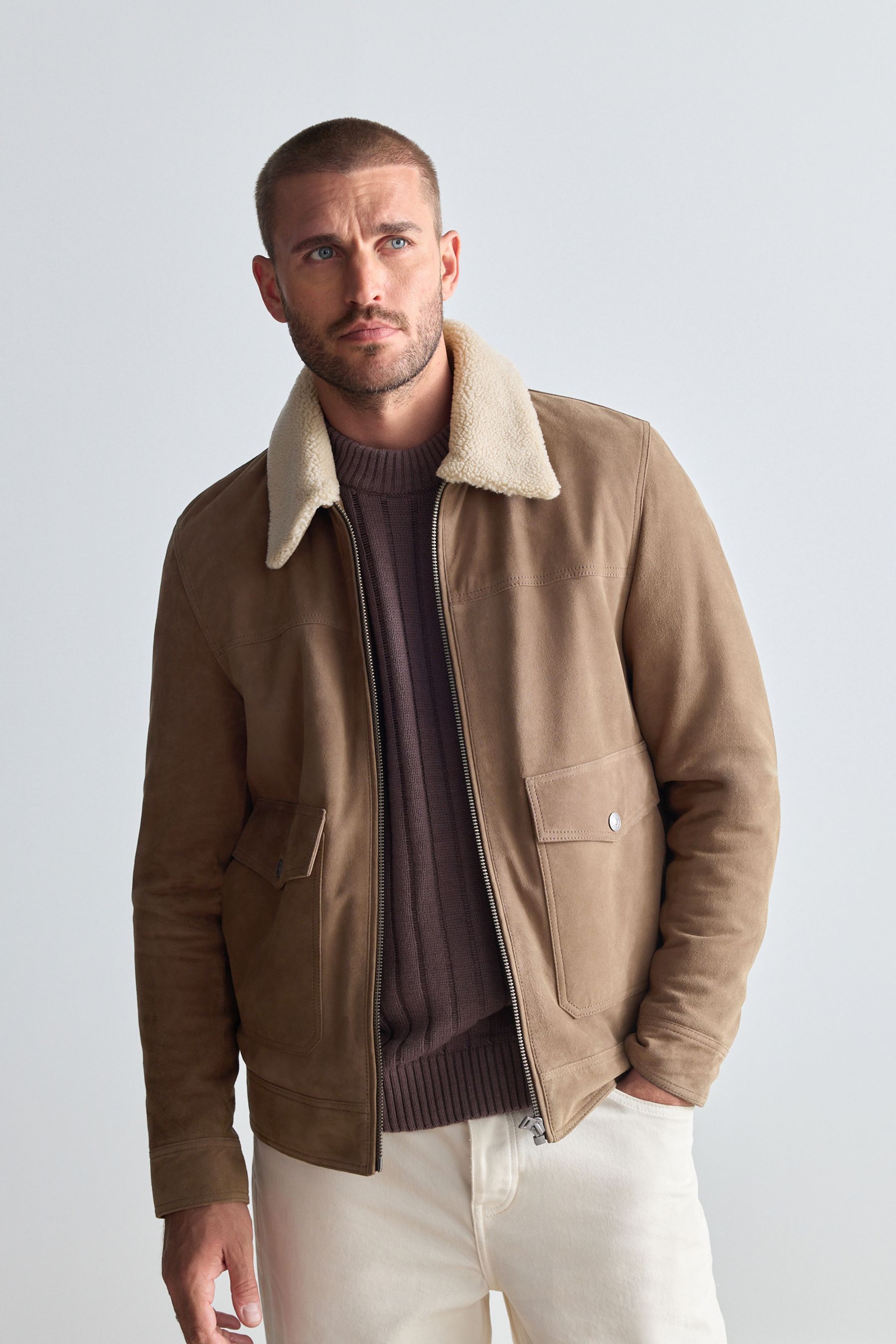 Neutral Suede Borg Collar Trucker Jacket