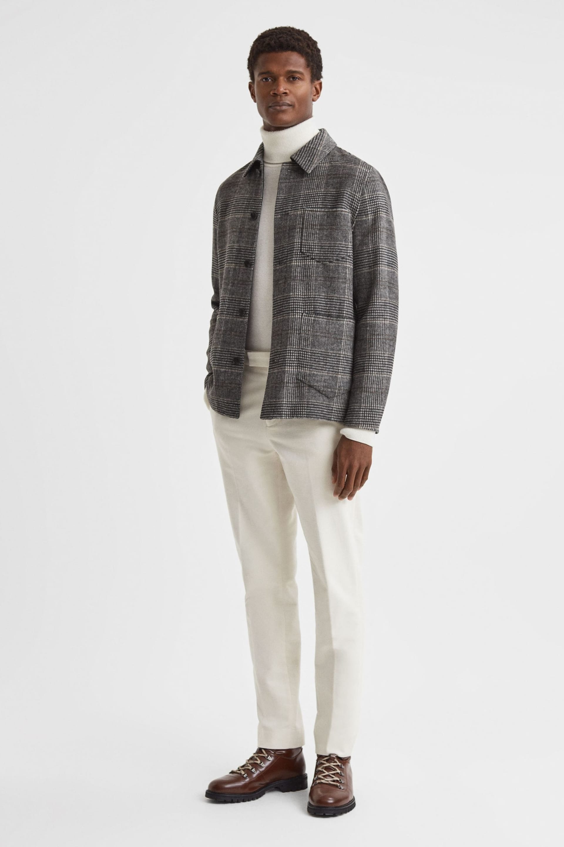 Reiss Charcoal Covert Wool Blend Check Overshirt - Image 3 of 5
