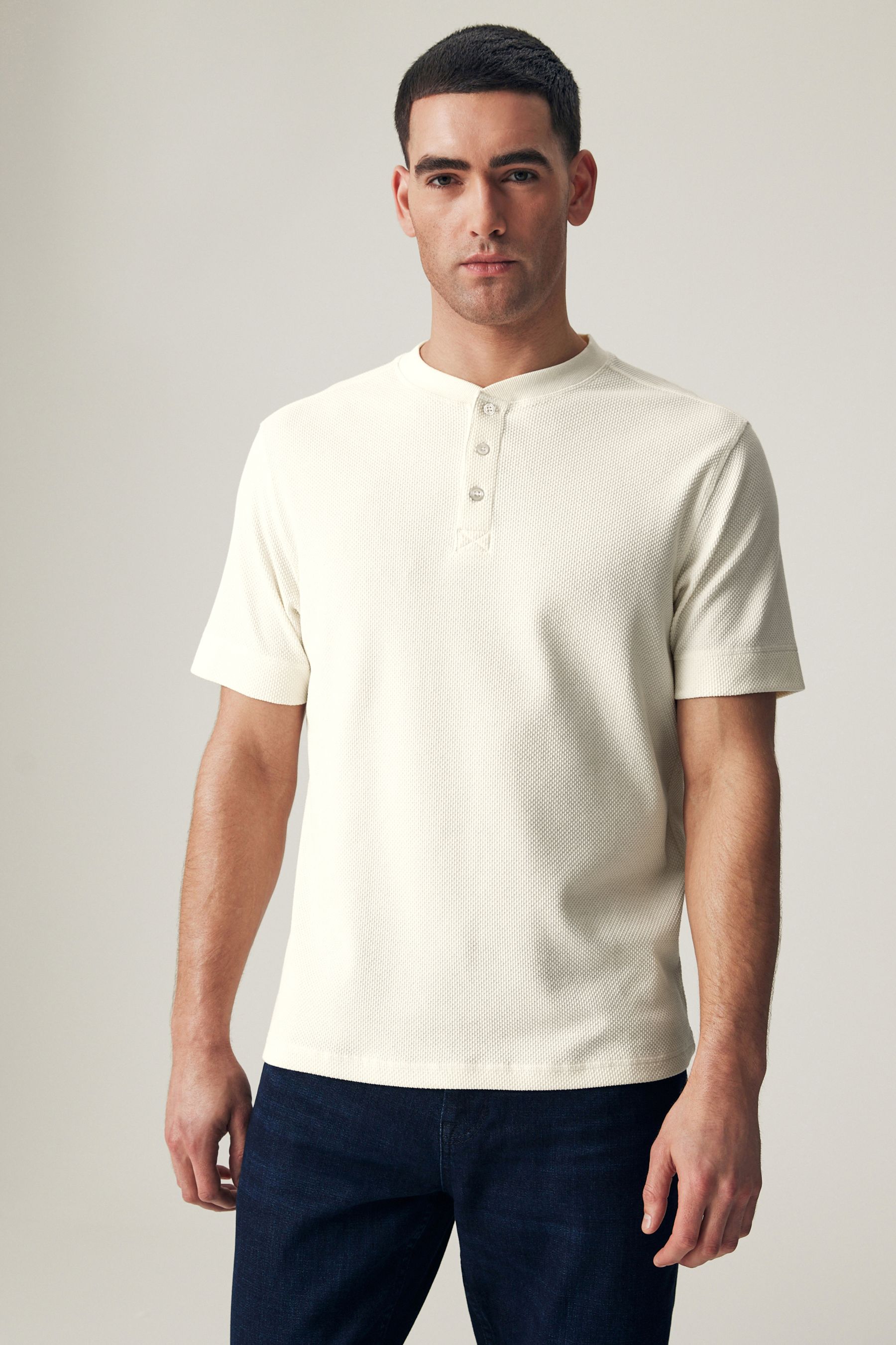 Buy Ecru Short Sleeve Grandad Collar T Shirt from Next Luxembourg