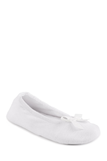 Totes White Isotoner Terry Ballet Slippers With Bow
