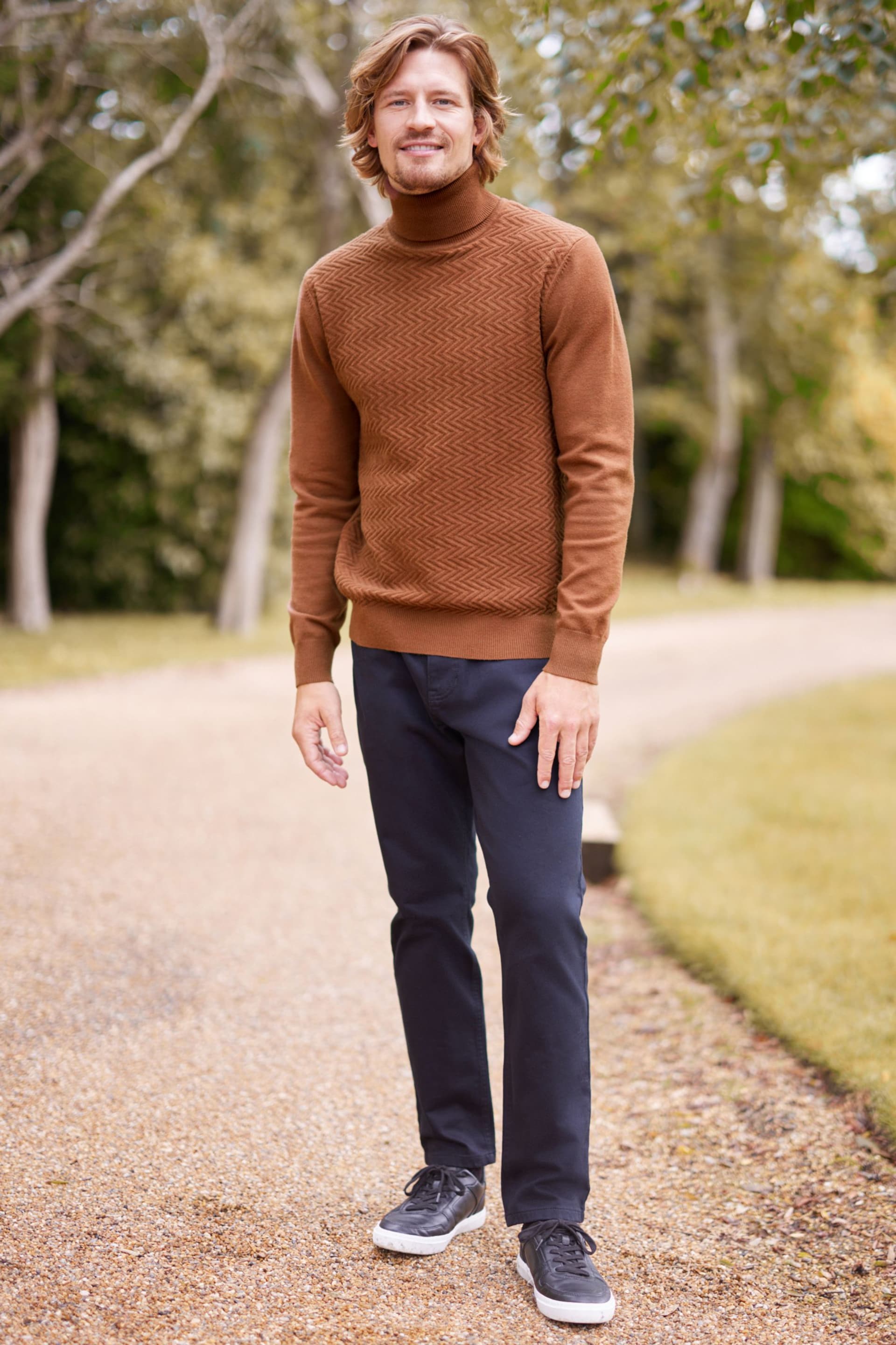 Brown Regular Textured Pattern Knitted Roll Neck Jumper - Image 2 of 9