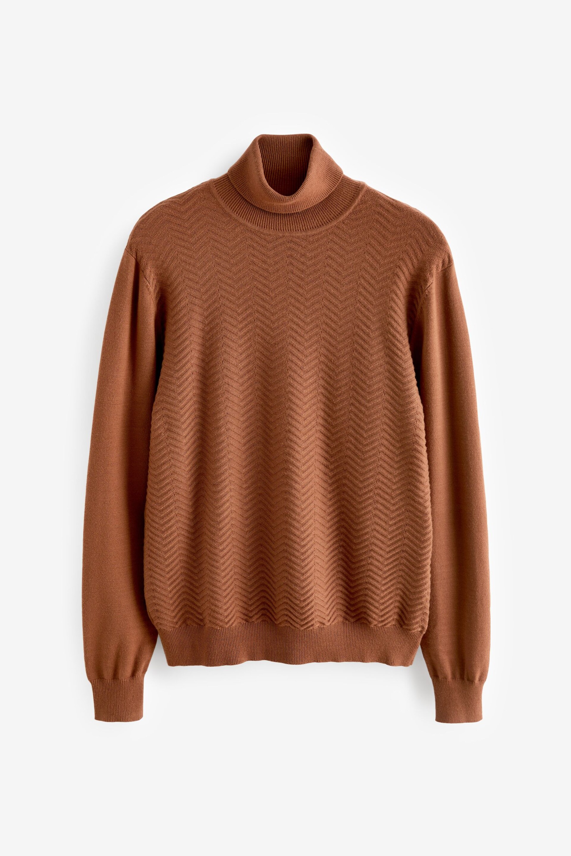 Brown Regular Textured Pattern Knitted Roll Neck Jumper - Image 7 of 9