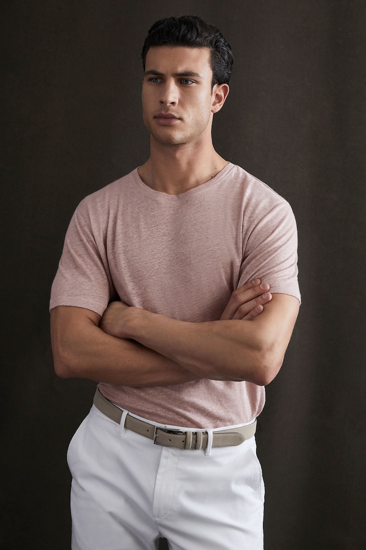 Reiss Dusty Pink Venice Linen Crew Neck T-Shirt - Image 1 of 5