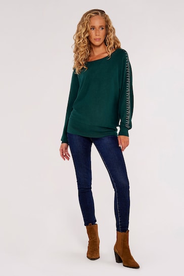 Apricot Forest Green Stud Arm Batwing Jumper