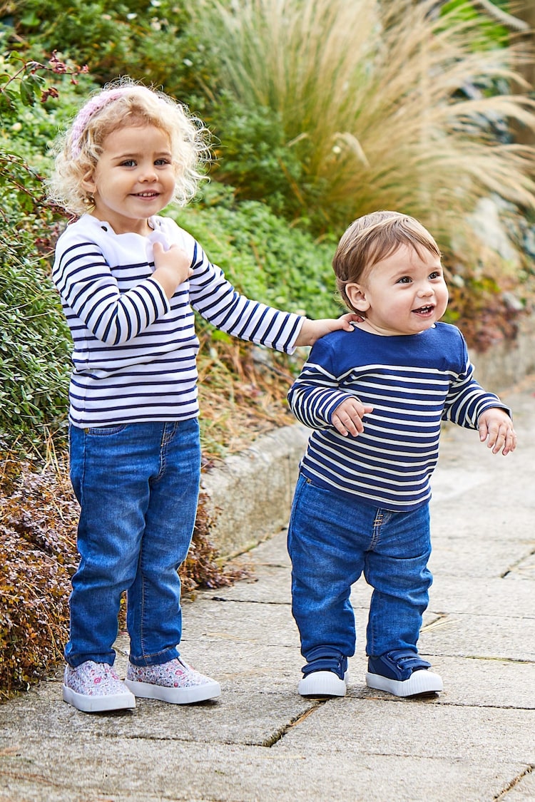 JoJo Maman Bébé Navy Ecru Stripe Long Sleeved Breton Top - Image 2 of 4