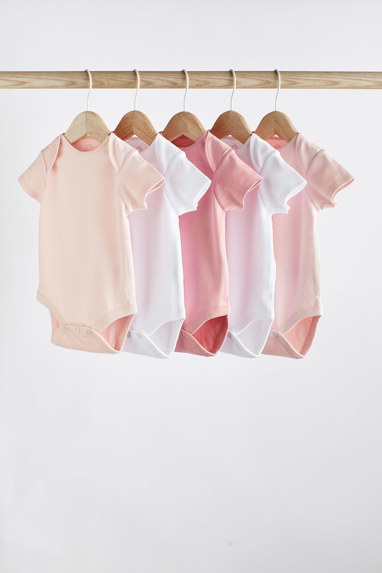 Pink/White 5 Pack Short Sleeve Baby Bodysuits - Image 1 of 6