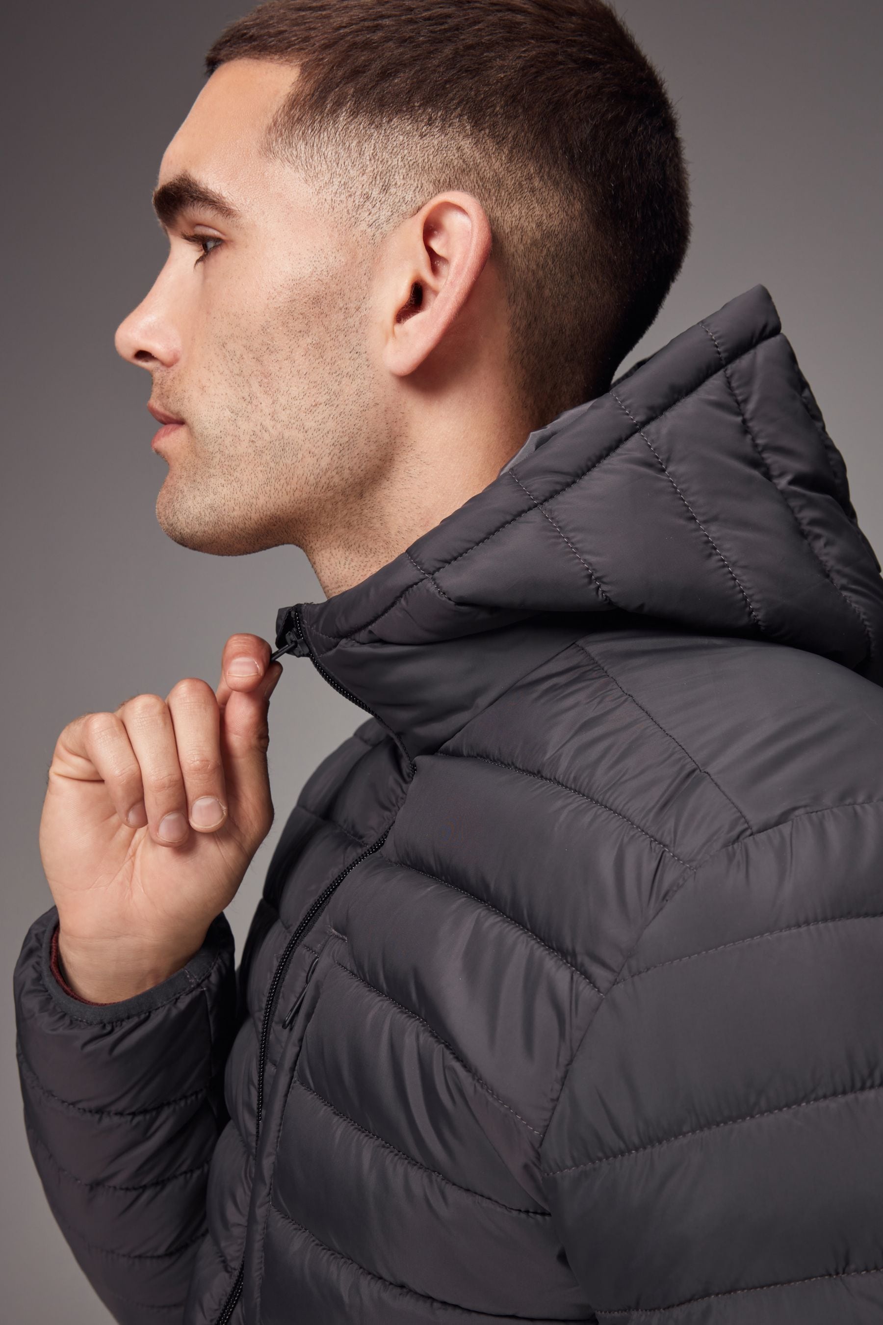 Charcoal Grey Shower Resistant Lightweight Hooded Puffer Coat Jacket