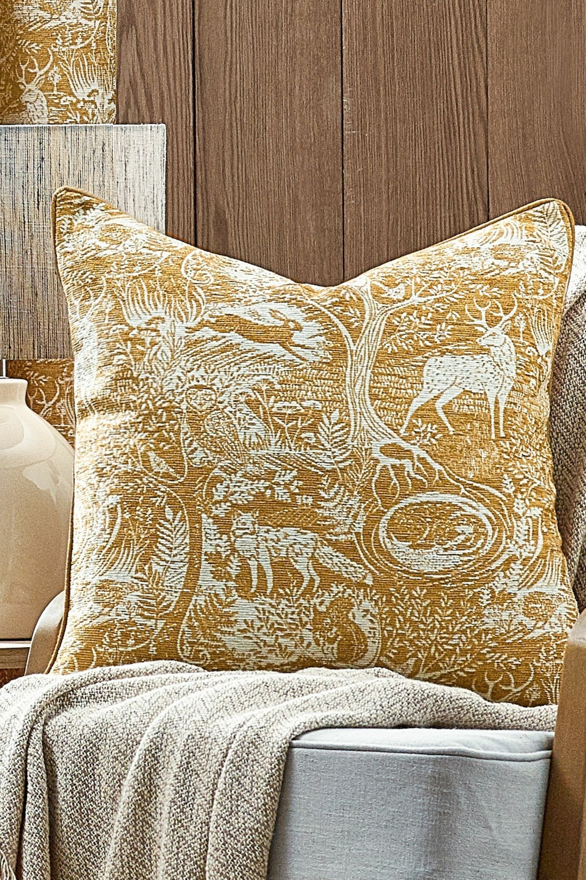 furn. Ochre Yellow Winter Woods Animal Chenille Cushion - Image 1 of 6