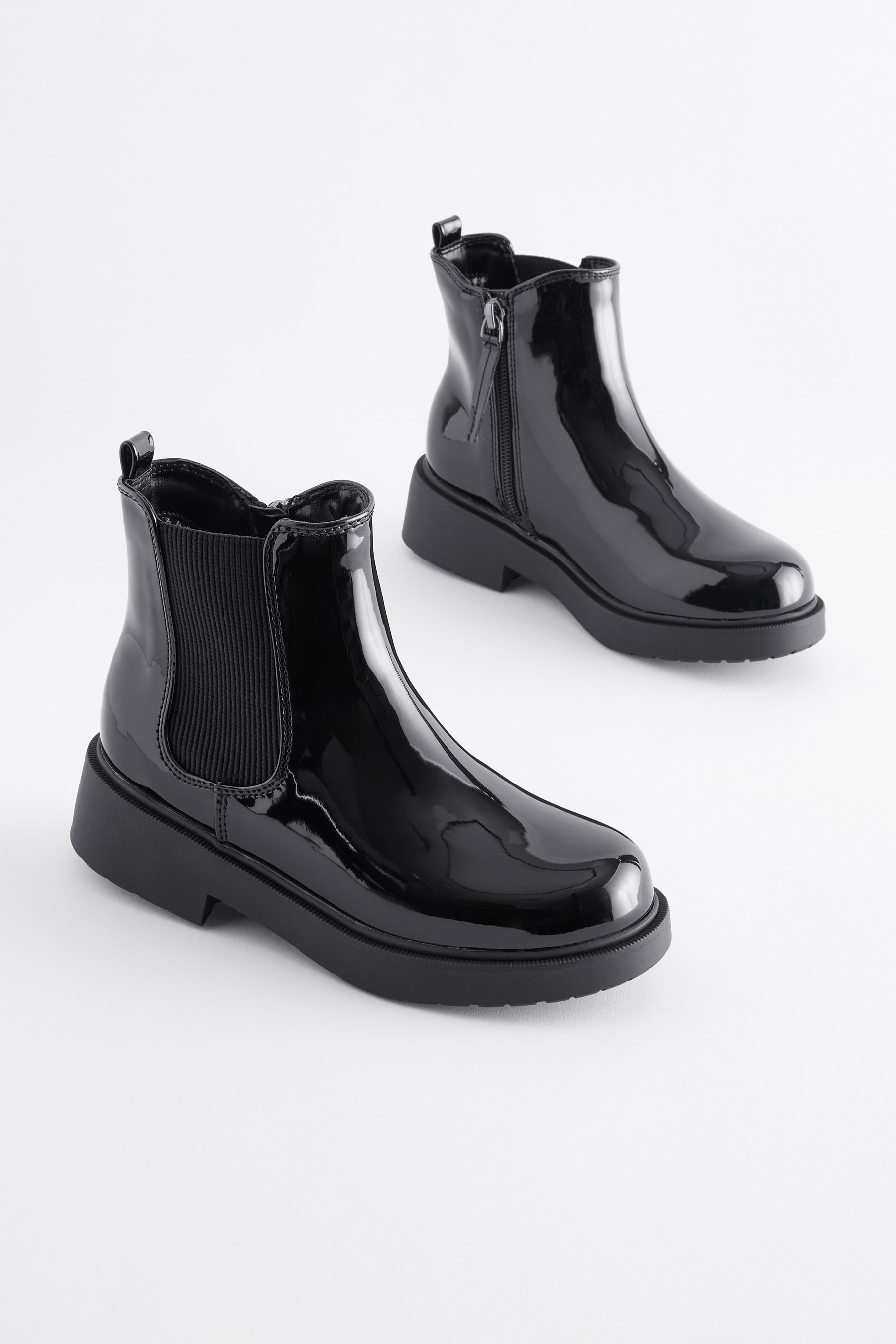 Black Patent Wide Fit G Chunky Chelsea Ankle Boots
