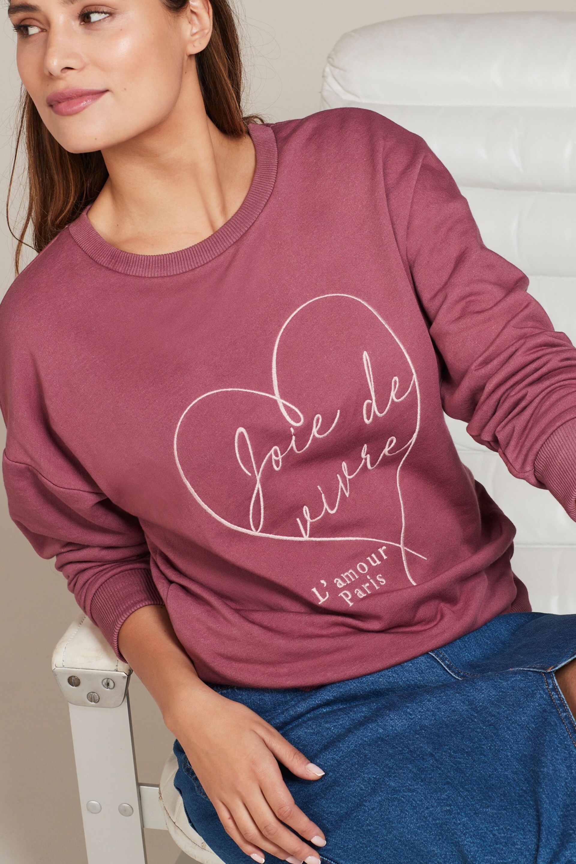 Rose Pink Satin Heart Stitch Graphic Slogan Sweatshirt - Image 1 of 6