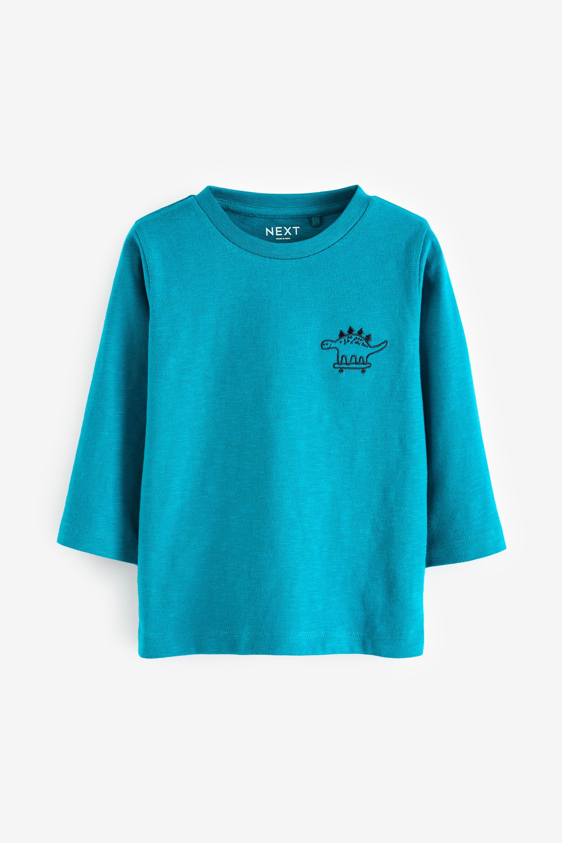 Turquoise Blue Dino 100 Cotton Long Sleeves Semi Plain T Shirt 3mths 7yrs