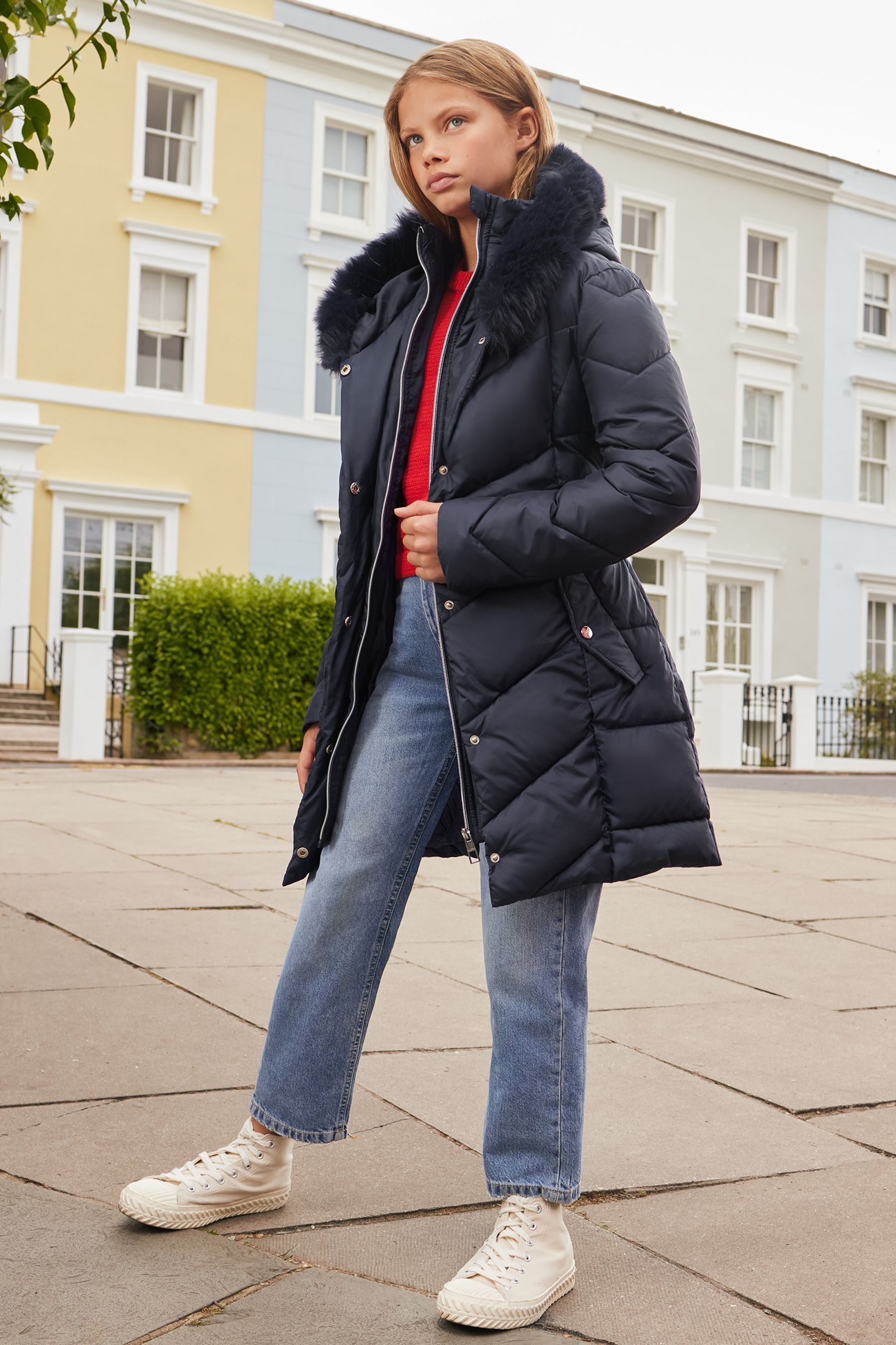 Lipsy Navy Blue Shower Resistant Longline Belted Padded Coat 5 16yrs