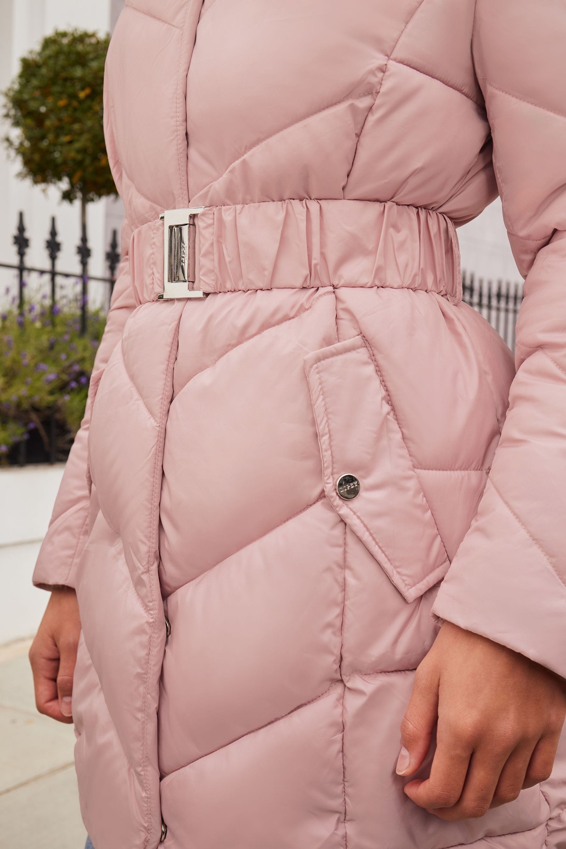 Pink belted jacket shop