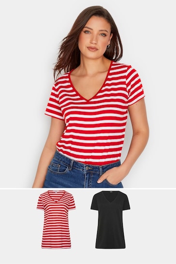 Long Tall Sally Red & Black Stripe 2 Pack Short Sleeve T-Shirts