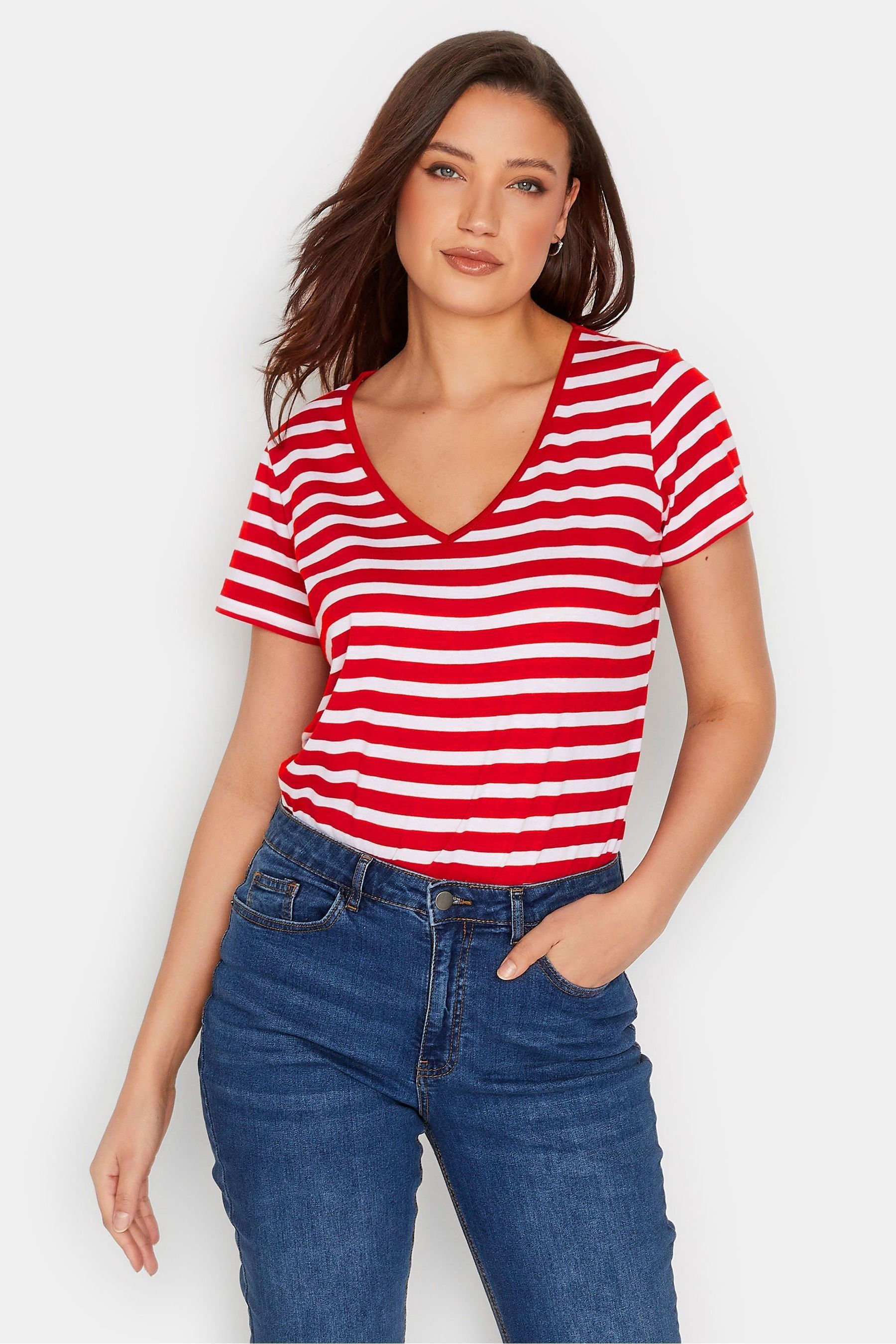 Long Tall Sally Red Black 100 Cotton Stripe Short Sleeve T Shirts 2 Pack