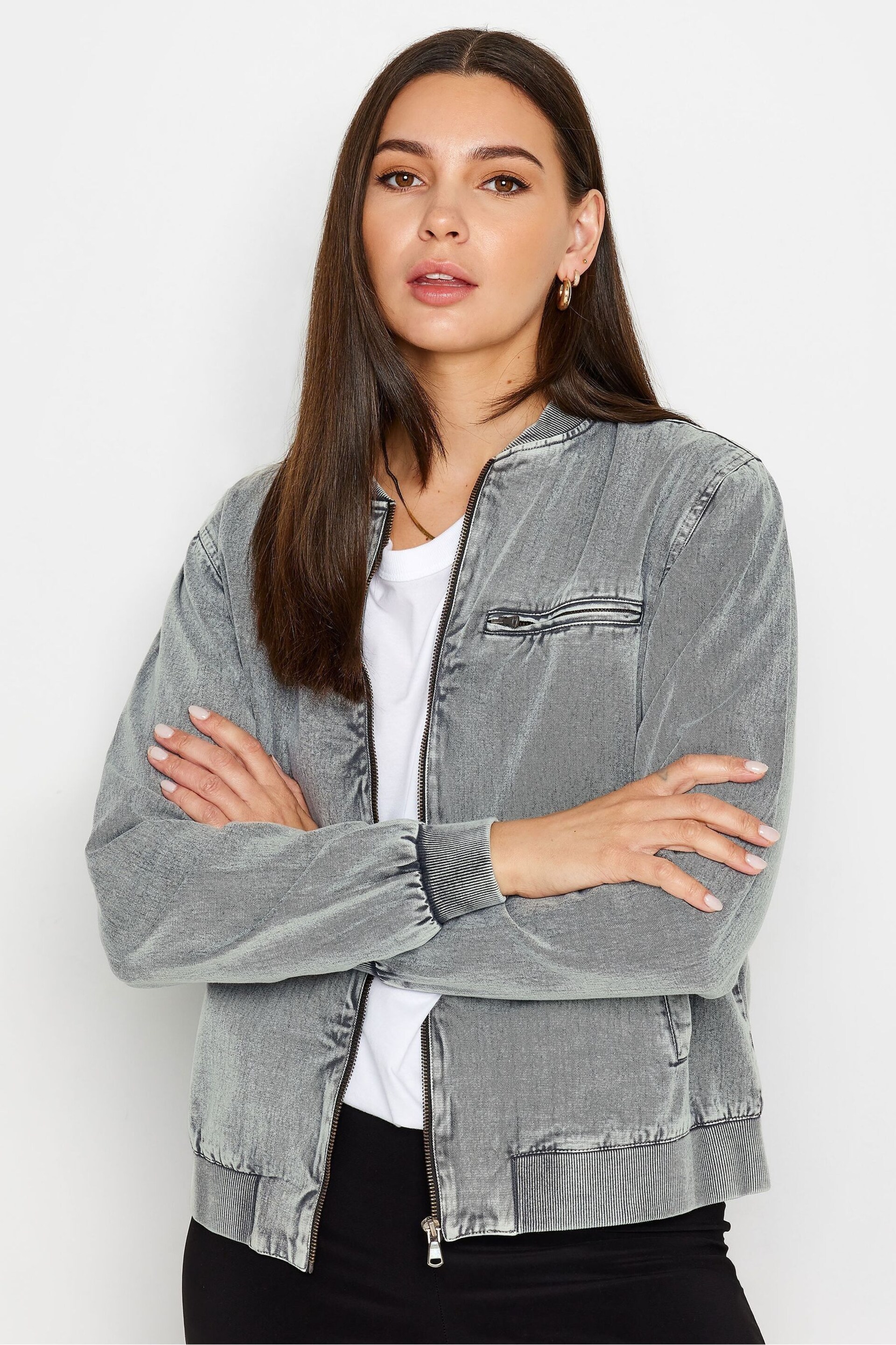 Long Tall Sally Grey Acid Wash Bomber Jacket - Image 1 of 4