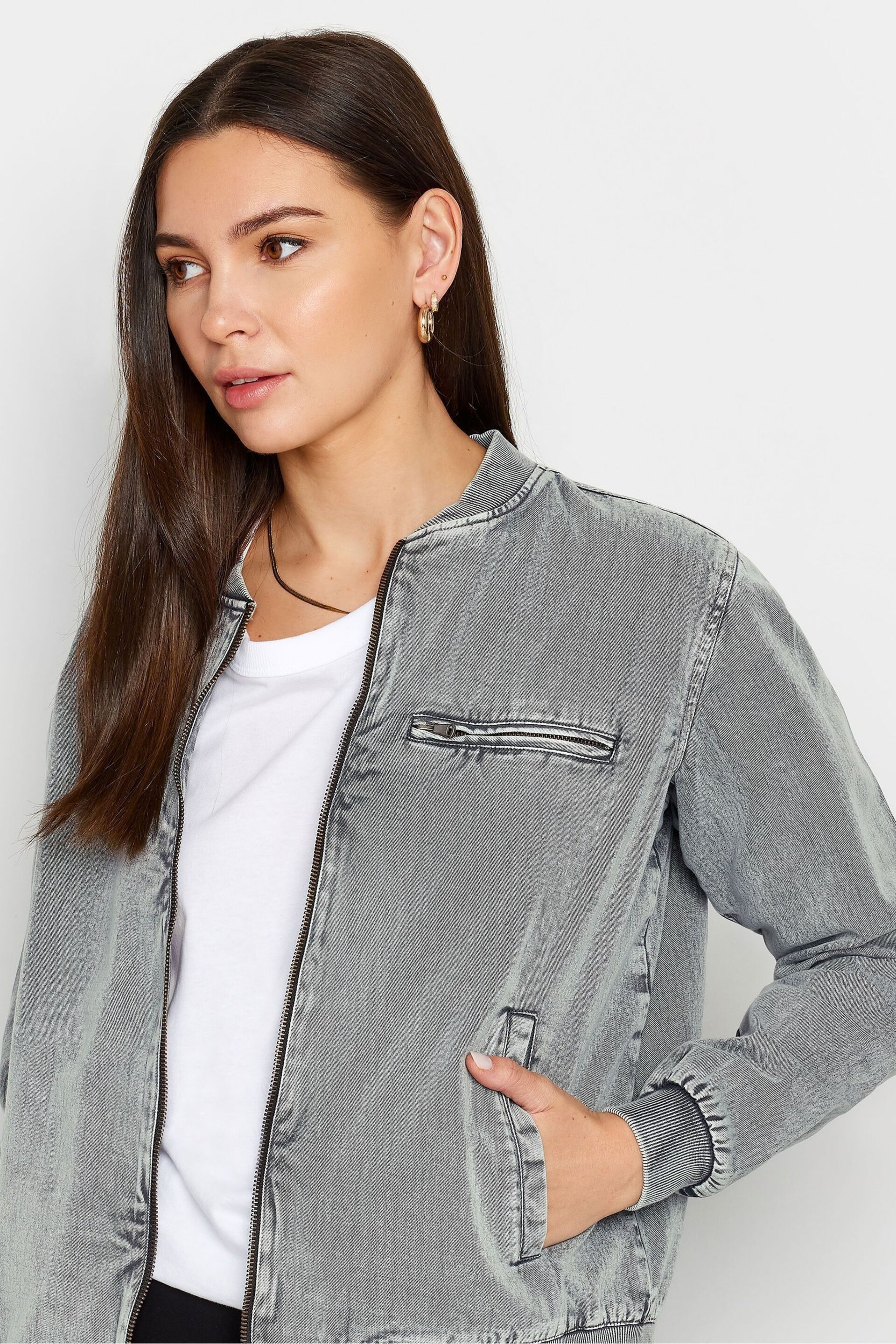 Long Tall Sally Grey Acid Wash Bomber Jacket - Image 4 of 4