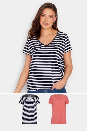 Long Tall Sally Navy Blue & Coral Pink Stripe 2 Pack Short Sleeve T-Shirts
