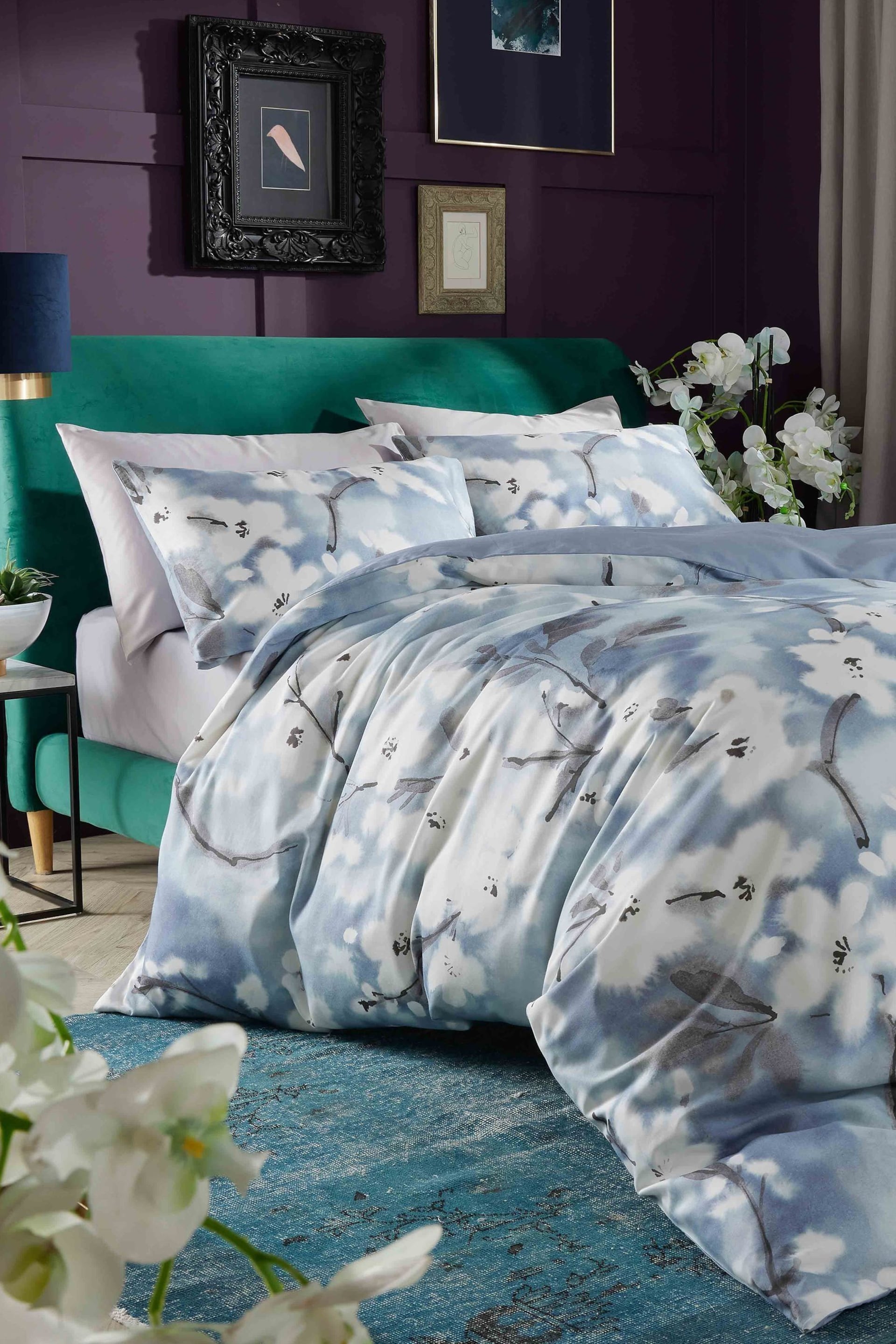 Vantona Blue Osaka Quilt Duvet Cover and Pillowcase Set - Image 1 of 4