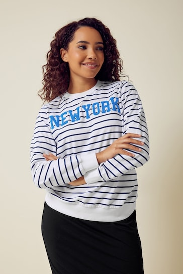 M&Co White Striped Long Sleeve New York Sweat Top