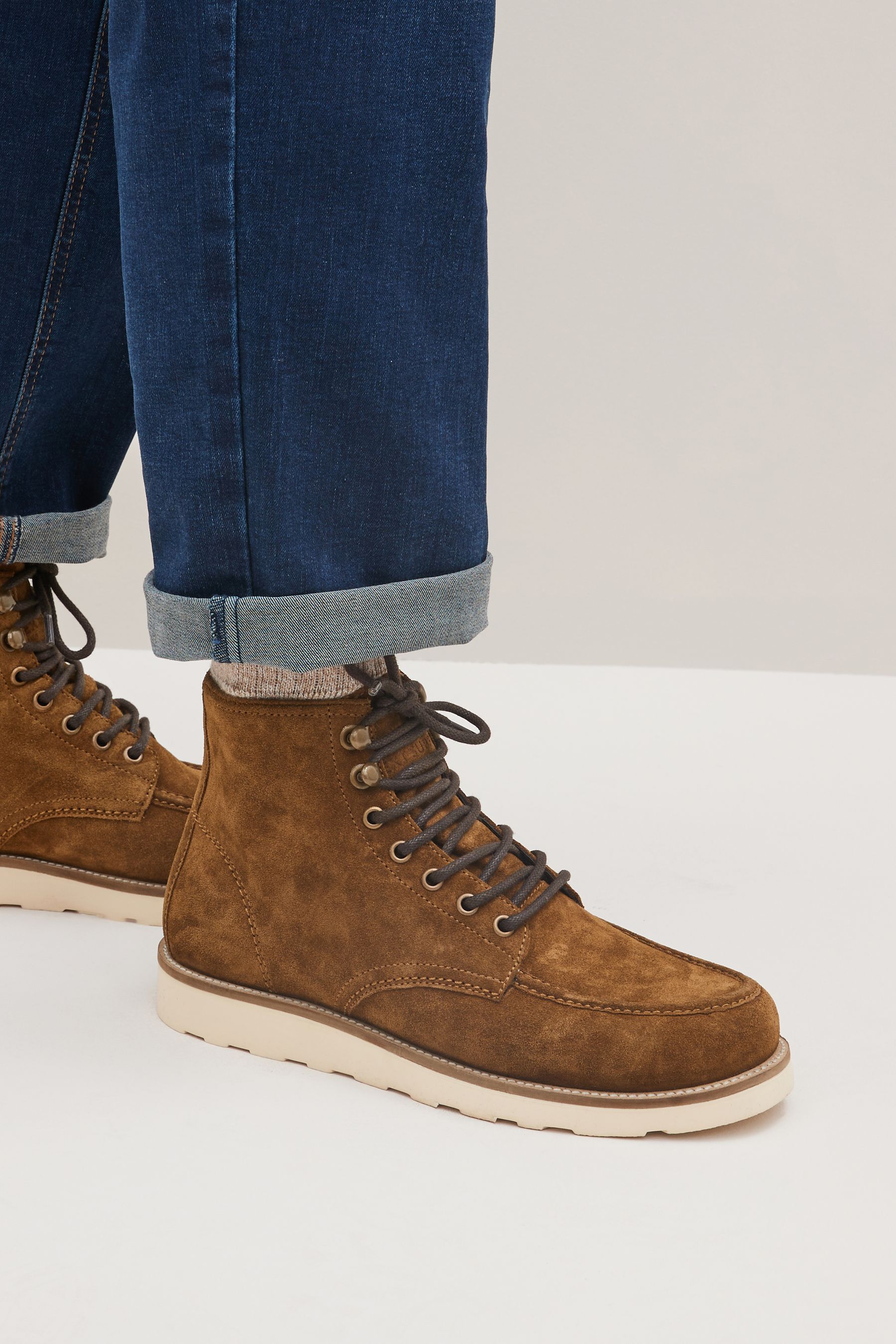 Mens brown leather boots white cheap sole