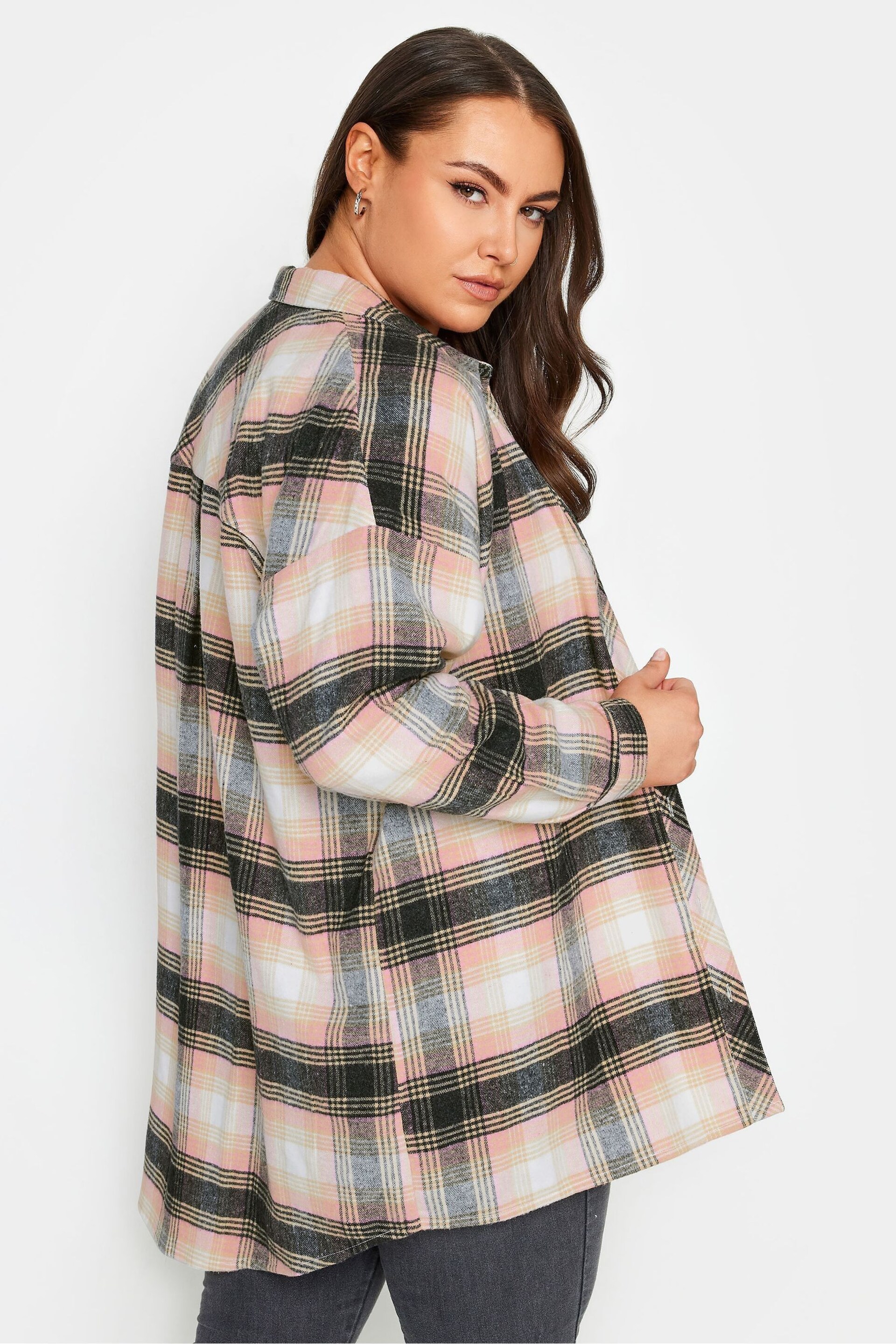 Yours Curve Pink Boyfriend Check Shirt - Image 1 of 4