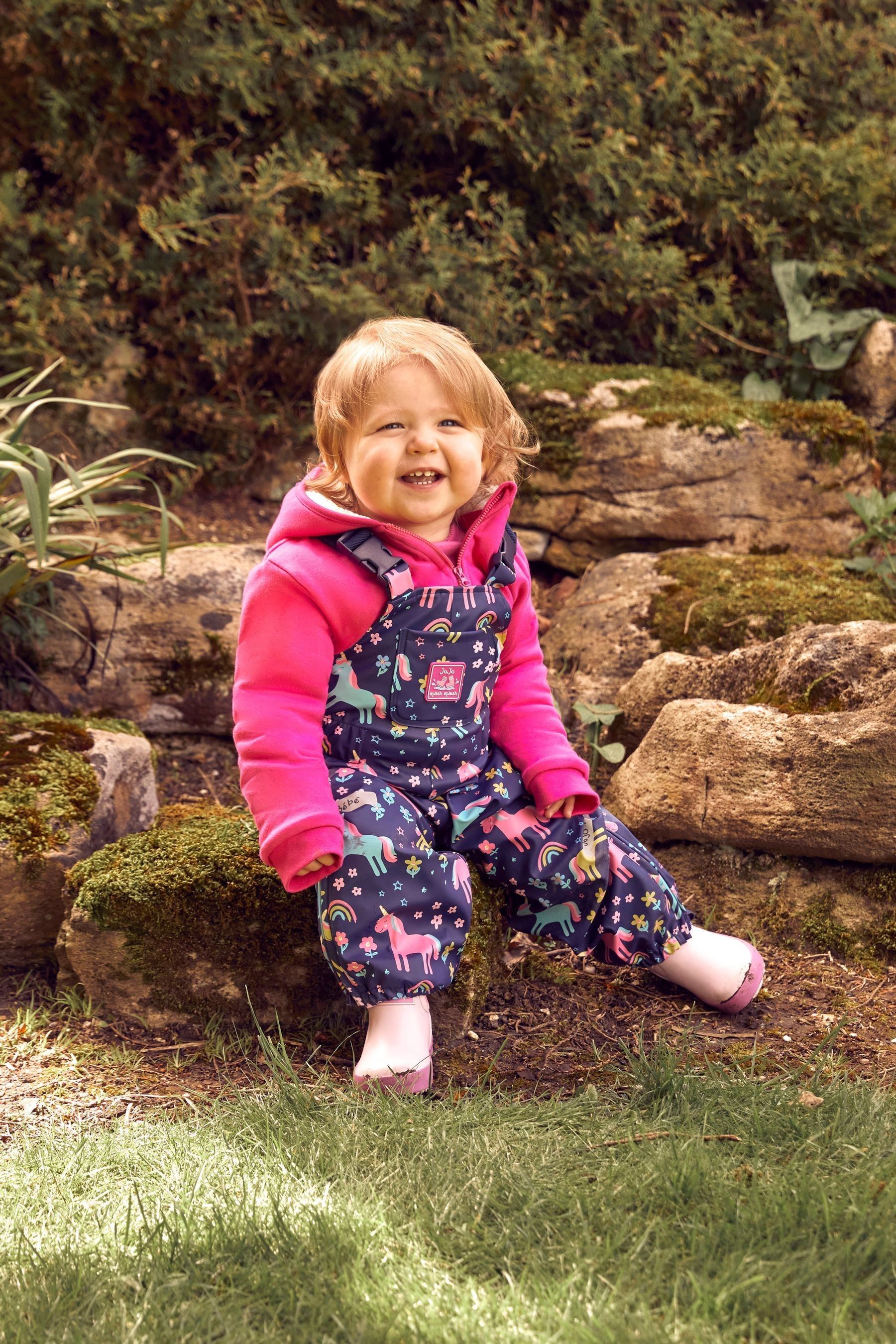 JoJo Maman B b Navy Unicorn Print Waterproof Dungarees