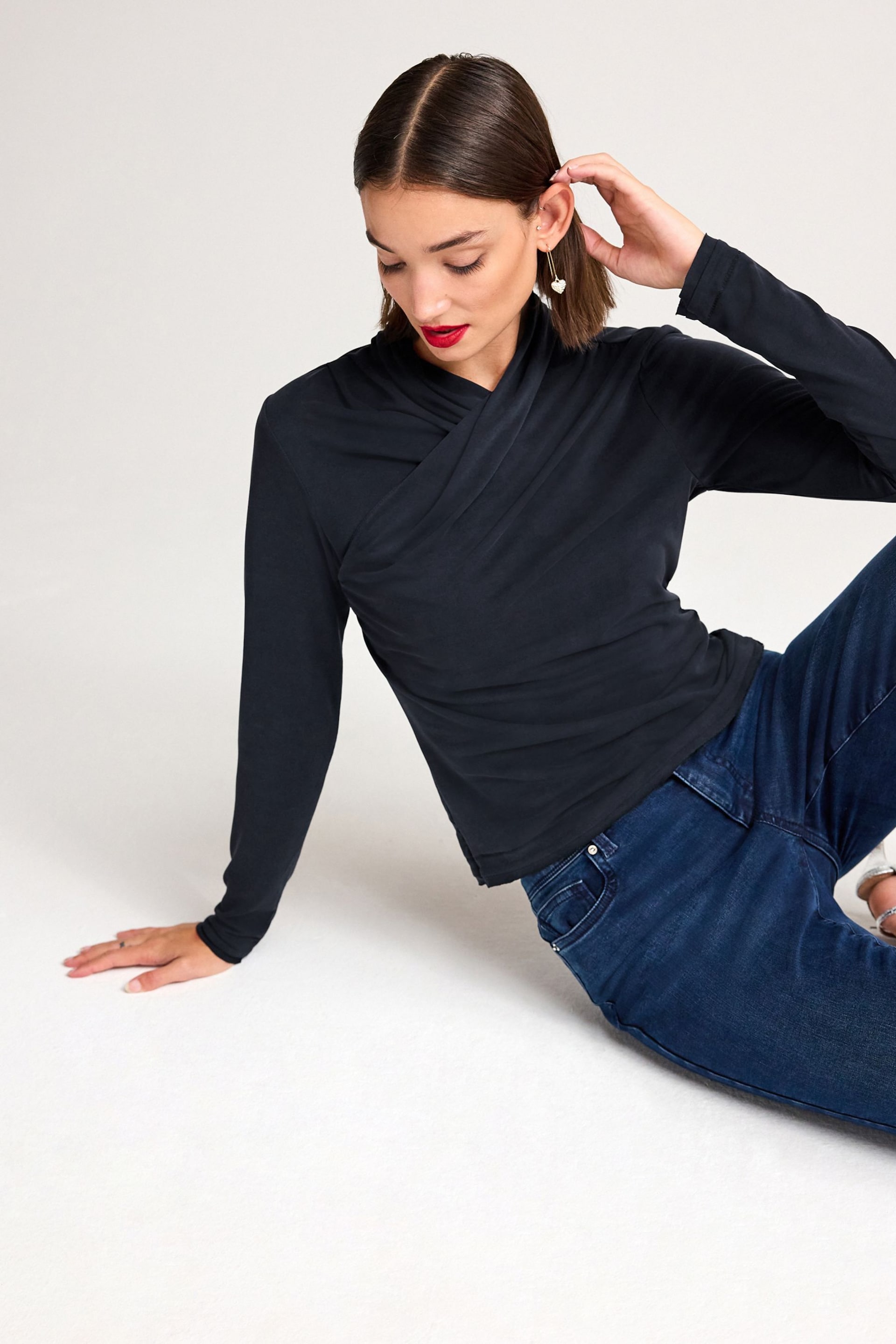 Navy Blue Wrap Neck Modal Rich Long Sleeve Top - Image 2 of 6