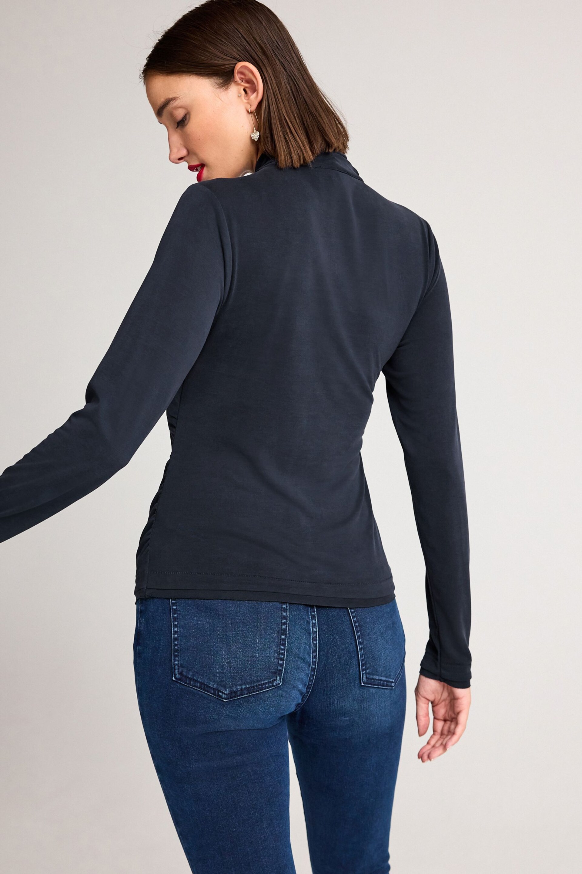 Navy Blue Wrap Neck Modal Rich Long Sleeve Top - Image 3 of 6