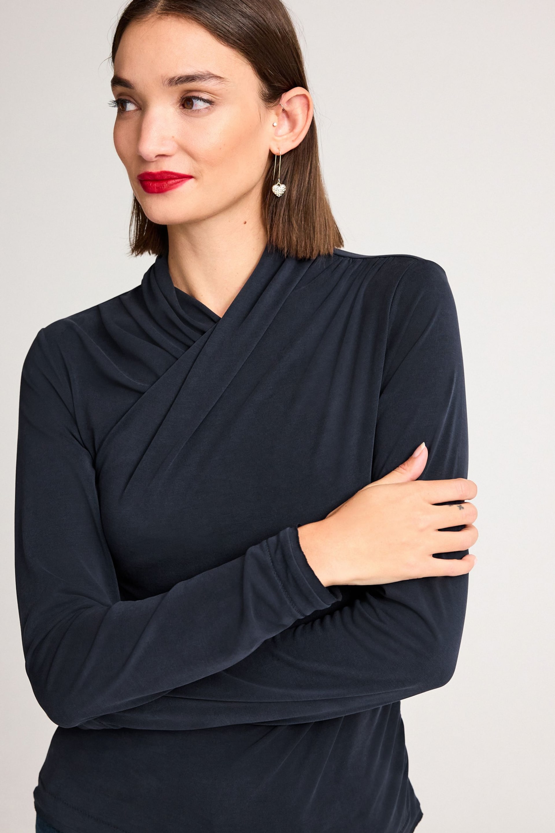 Navy Blue Wrap Neck Modal Rich Long Sleeve Top - Image 4 of 6