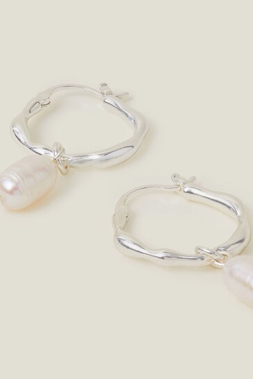 Accessorize Sterling Silver Plated Molten Pearl Drop Hoops