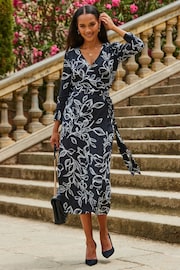 Sosandar Black Floral Wrap Front Midi Wrap Dress - Image 1 of 5