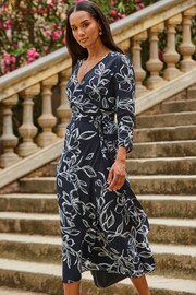 Sosandar Black Floral Wrap Front Midi Wrap Dress - Image 3 of 5