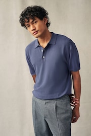 Mid Blue Knitted Bubble Textured Regular Fit Polo Shirt - Image 2 of 4