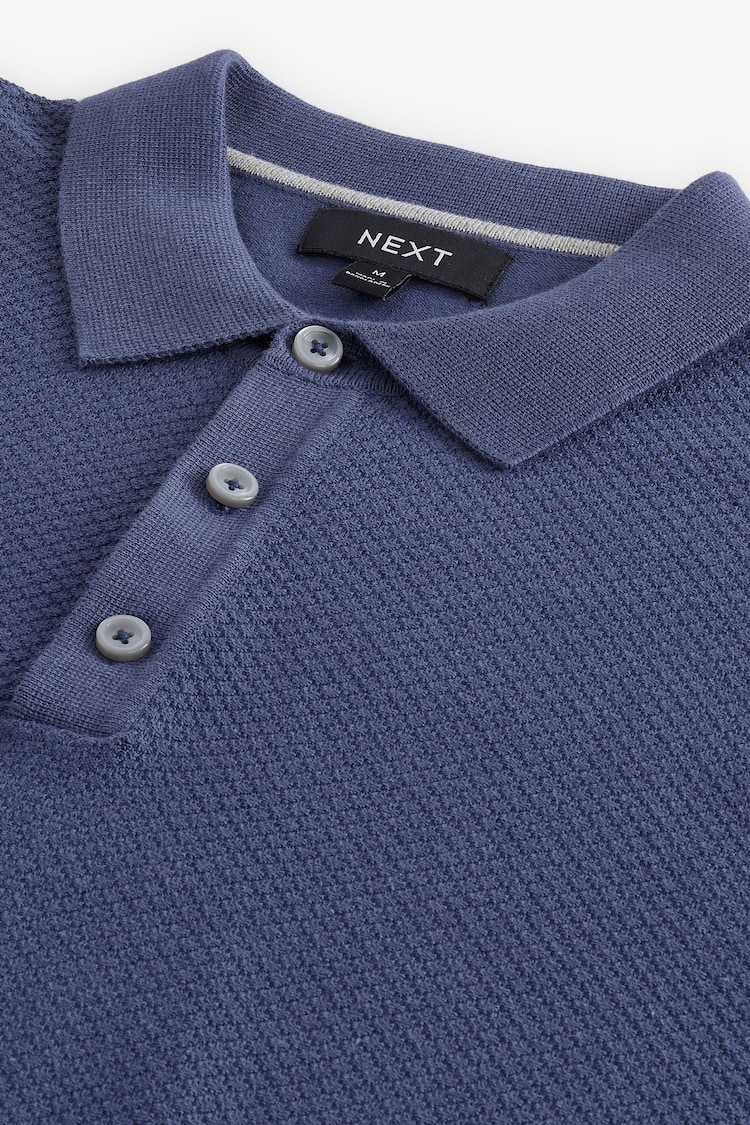 Mid Blue Knitted Bubble Textured Regular Fit Polo Shirt - Image 10 of 10